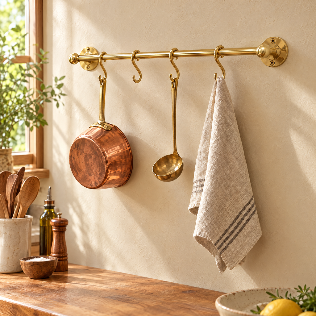 Unlacquered brass pot rail with S hooks on a plaster kitchen wall holding a copper saucepan and ladle