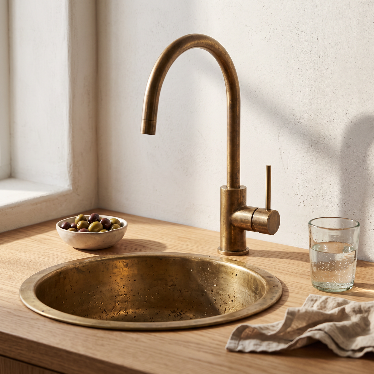 Aged brass single-lever gooseneck faucet on a limewashed wet bar above a round brass sink