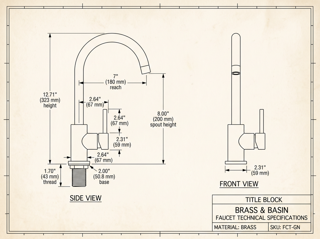 Technical dimension drawing of the brass gooseneck faucet with measurements in inches and millimeters