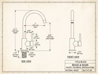 Technical dimension drawing of the brass gooseneck faucet with measurements in inches and millimeters