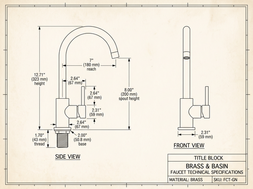 Technical dimension drawing of the brass gooseneck faucet with measurements in inches and millimeters