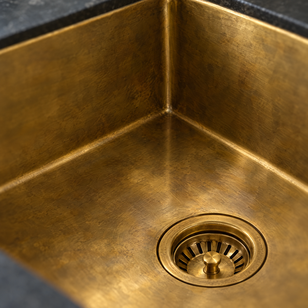 Close-up of brushed unlacquered brass sink interior and drain