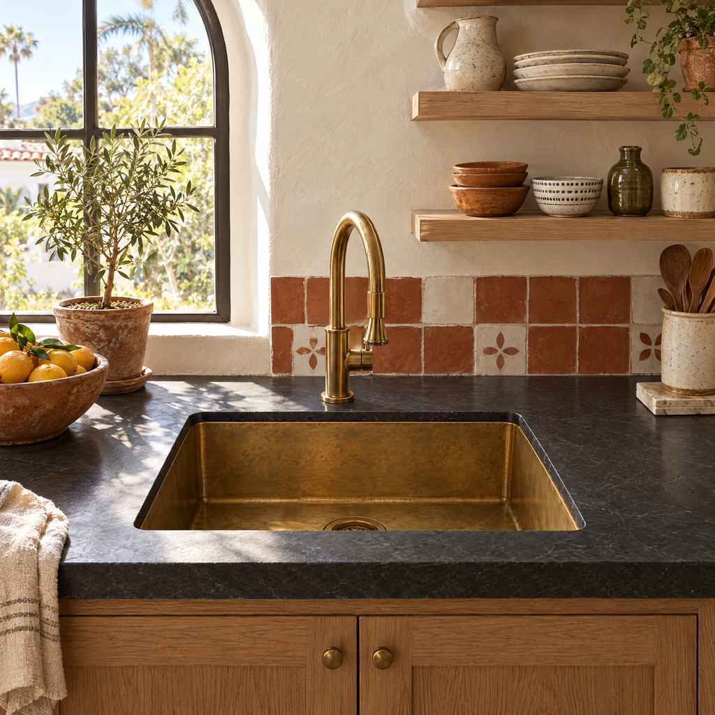 Brass sink in a California Spanish-revival kitchen