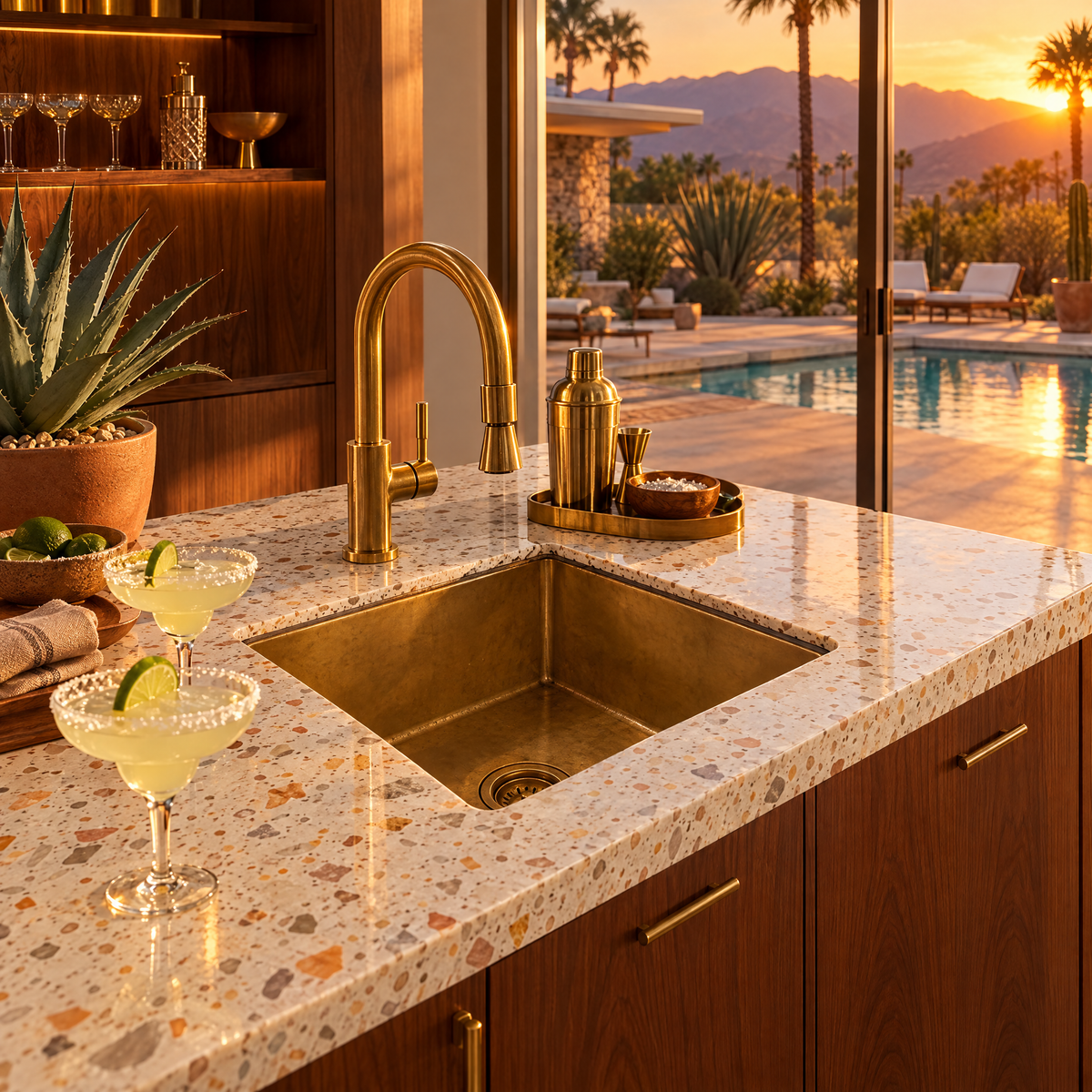 Brass bar sink in a Palm Springs mid-century wet bar