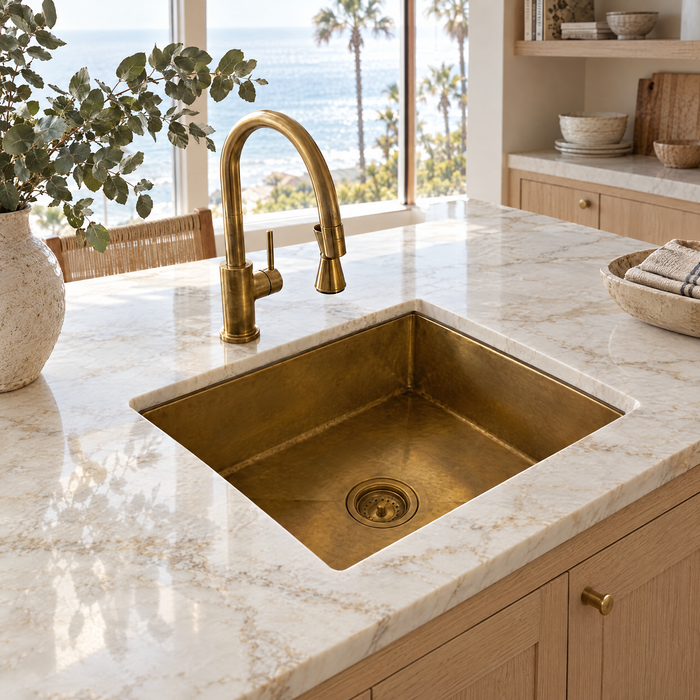Unlacquered brass undermount sink in a California coastal kitchen island