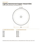 Lightly Hammered Copper Vessel Sink, Aged Finish inside basin dimensions in inches and centimetres