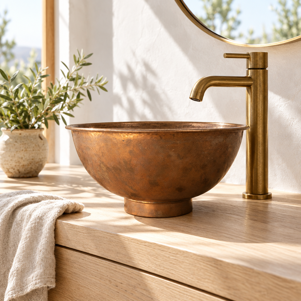 Lightly Hammered Copper Vessel Sink, Aged Finish on a white oak vanity in a bright California bathroom