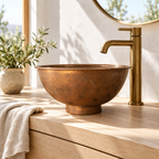 Lightly Hammered Copper Vessel Sink, Aged Finish on a white oak vanity in a bright California bathroom