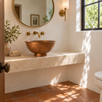 Lightly Hammered Copper Vessel Sink, Aged Finish in a bright California powder room