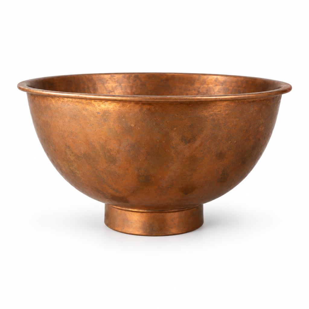 Lightly Hammered Copper Vessel Sink, Aged Finish on a white background