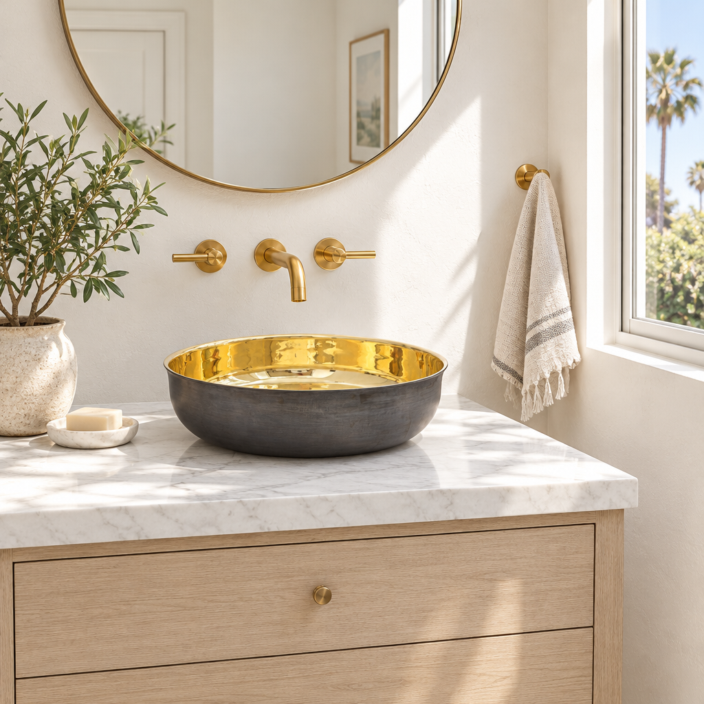 Bright California powder room with an oil-rubbed bronze and brass vessel sink