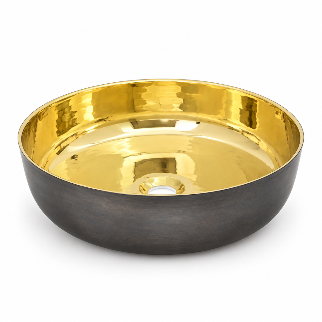 Round vessel sink with polished brass interior and oil-rubbed bronze exterior on white