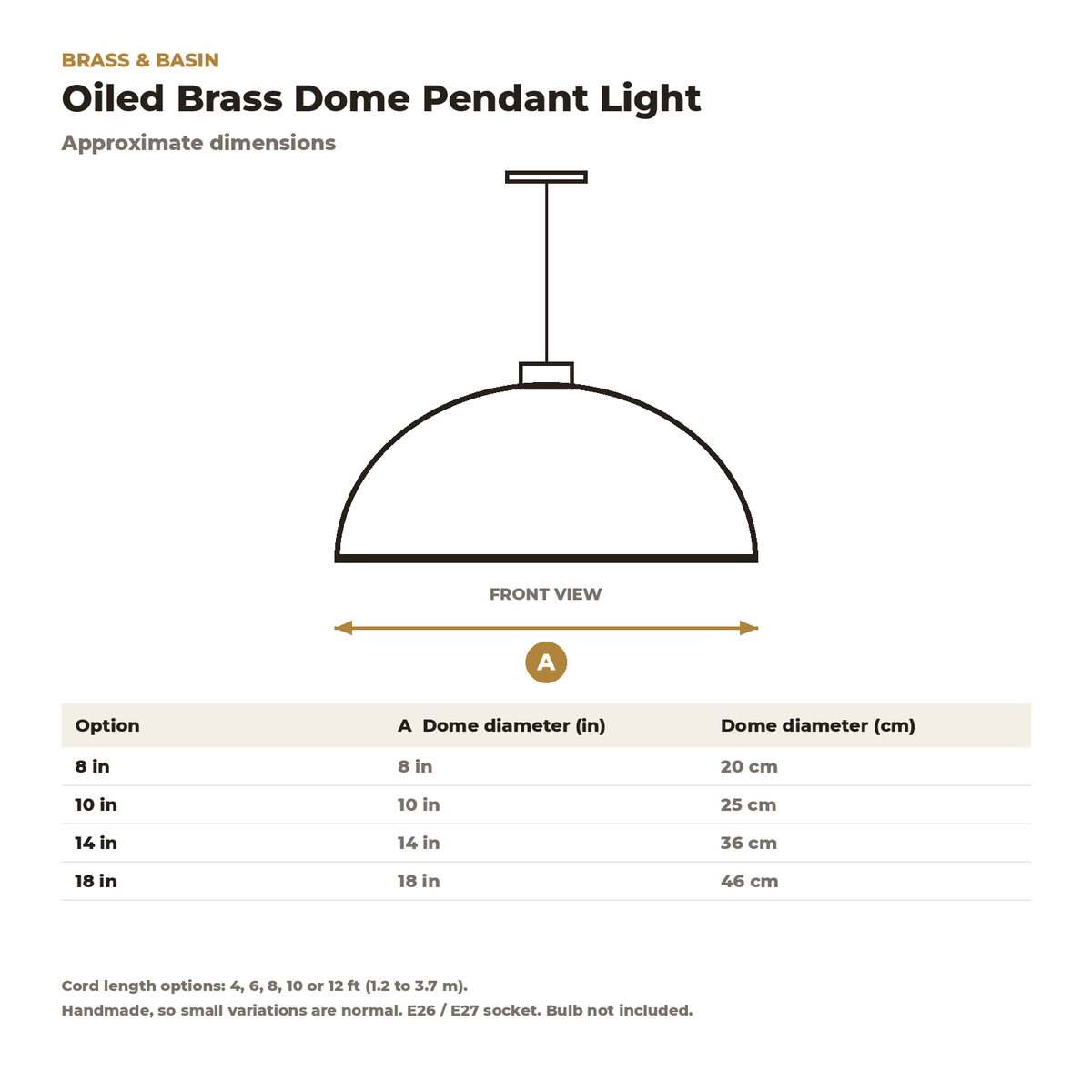 Dimension card for the oiled brass dome pendant, 8 to 18 in diameter