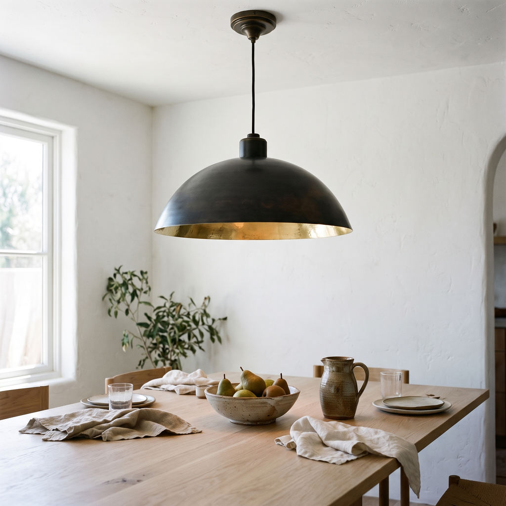 Oiled black brass dome pendant hanging over a white oak dining table