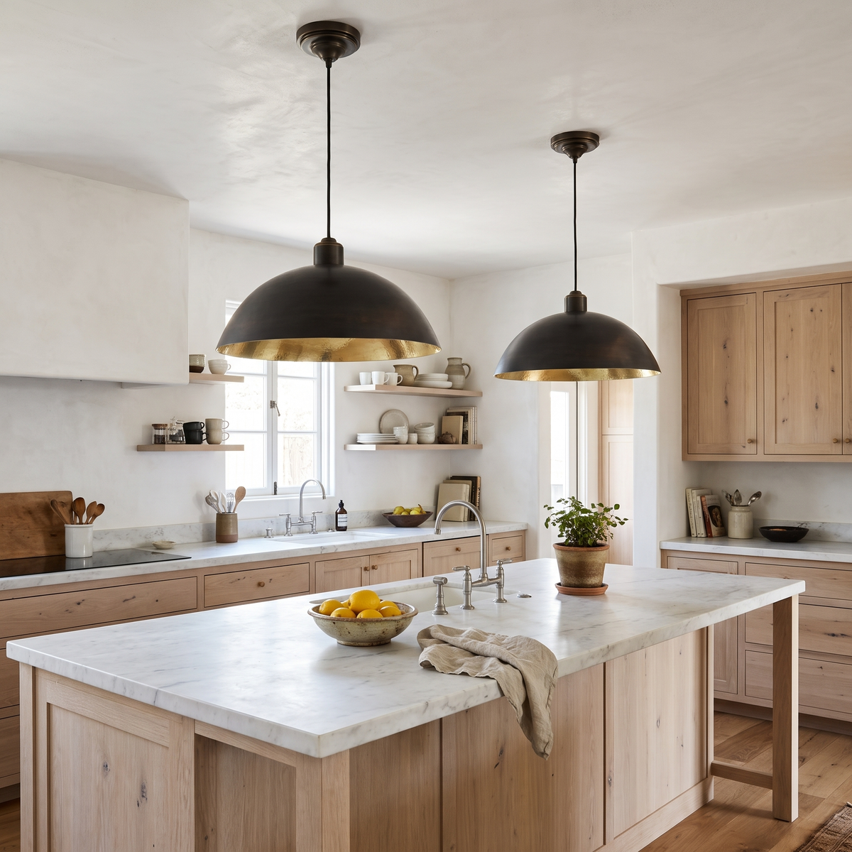 Two dark oiled brass dome pendant lights with gold interiors over a white marble kitchen island