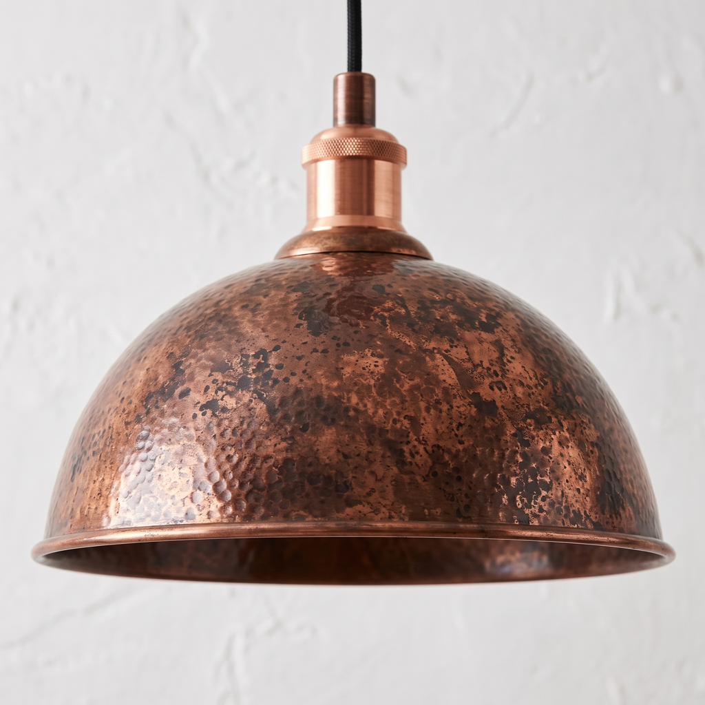 Close-up of the mottled oxidized copper patina on a dome shade