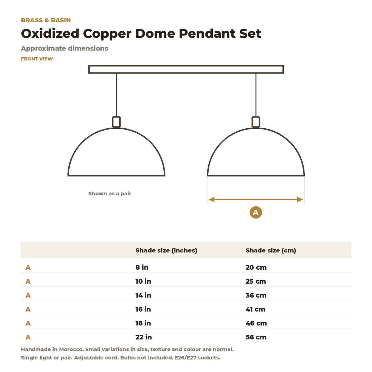 Oxidized copper dome pendant set sizes, 8 to 22 in