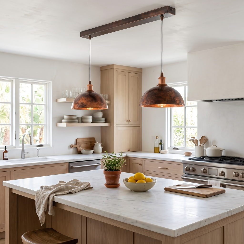 Pair of oxidized copper dome pendant lights on a linear canopy over a marble kitchen island