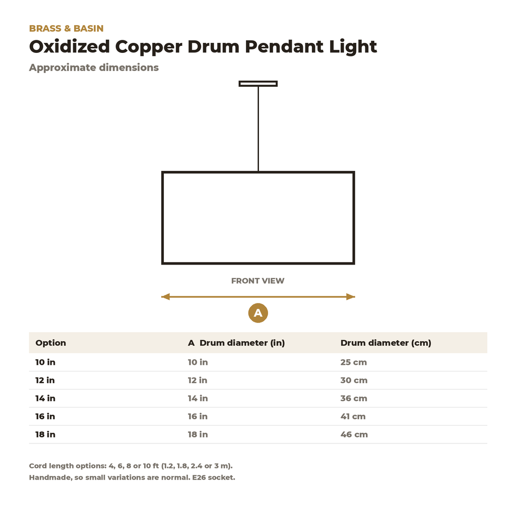 Dimension card for the oxidized copper drum pendant, 10 to 18 in diameter