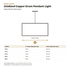 Dimension card for the oxidized copper drum pendant, 10 to 18 in diameter