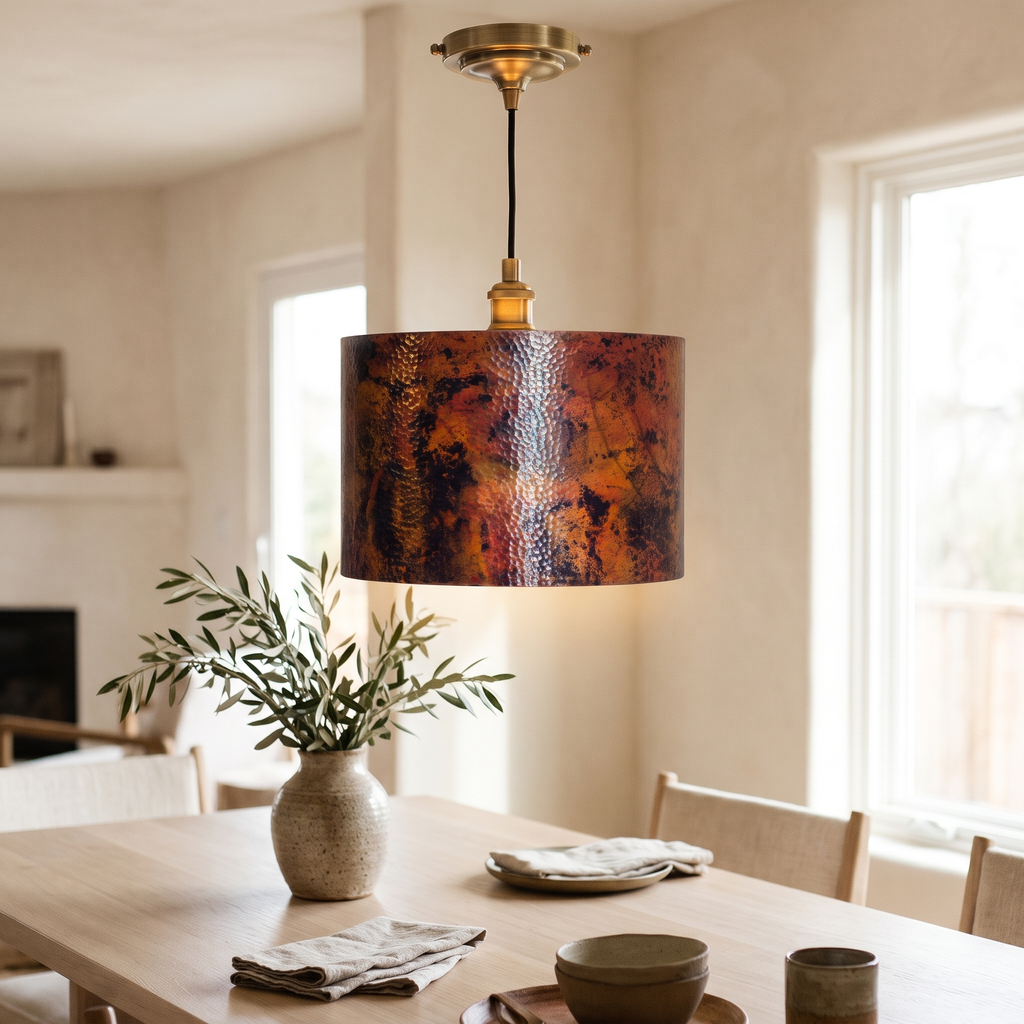 Oxidized copper drum pendant light above a white oak dining table