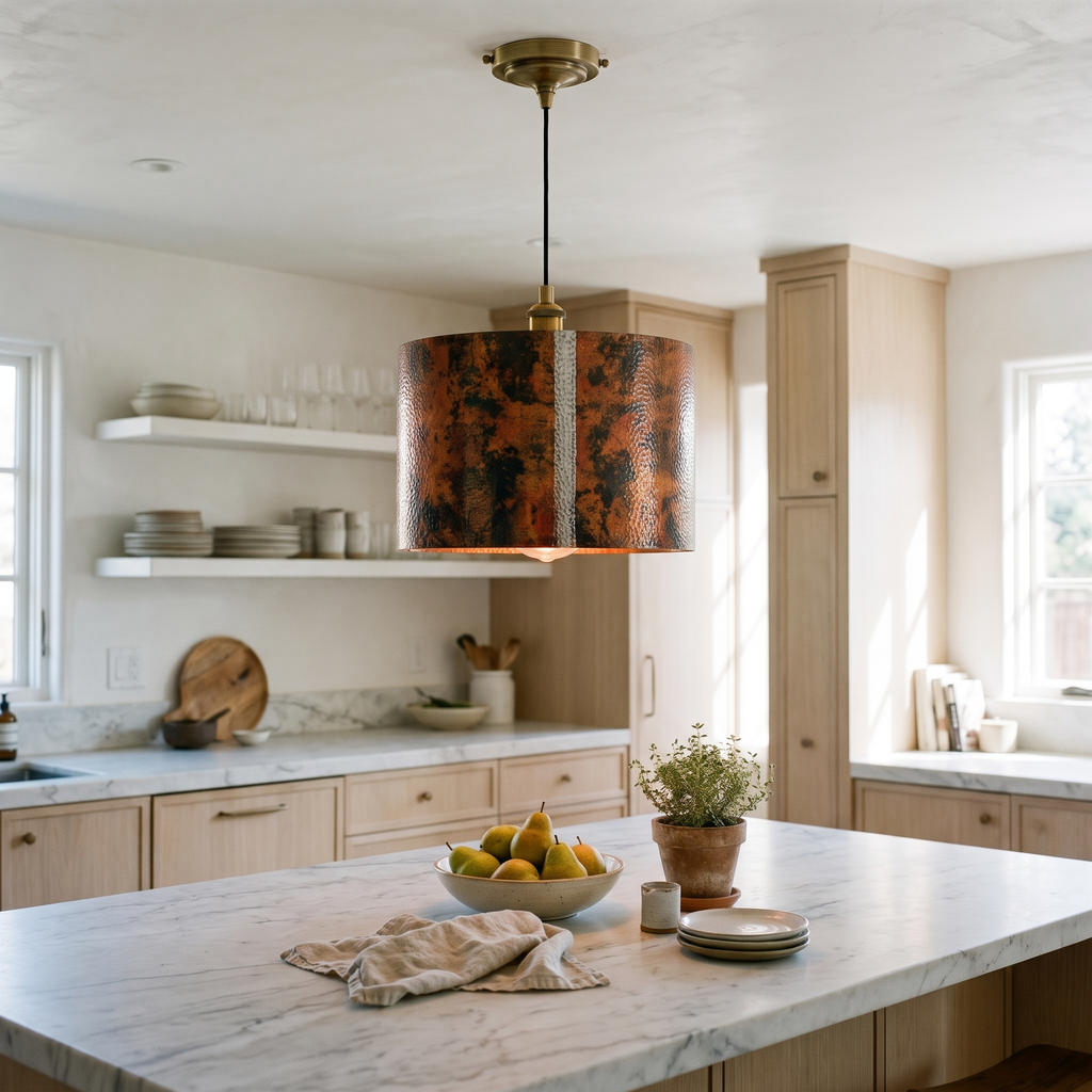 Oxidized hammered copper drum pendant light over a white marble kitchen island