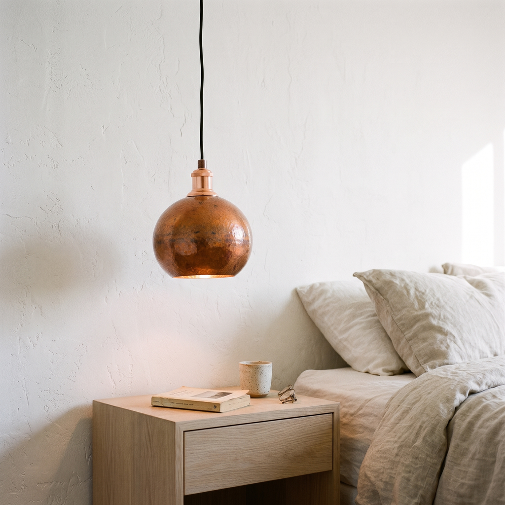 Oxidized copper globe pendant used as a bedside light over a white oak nightstand