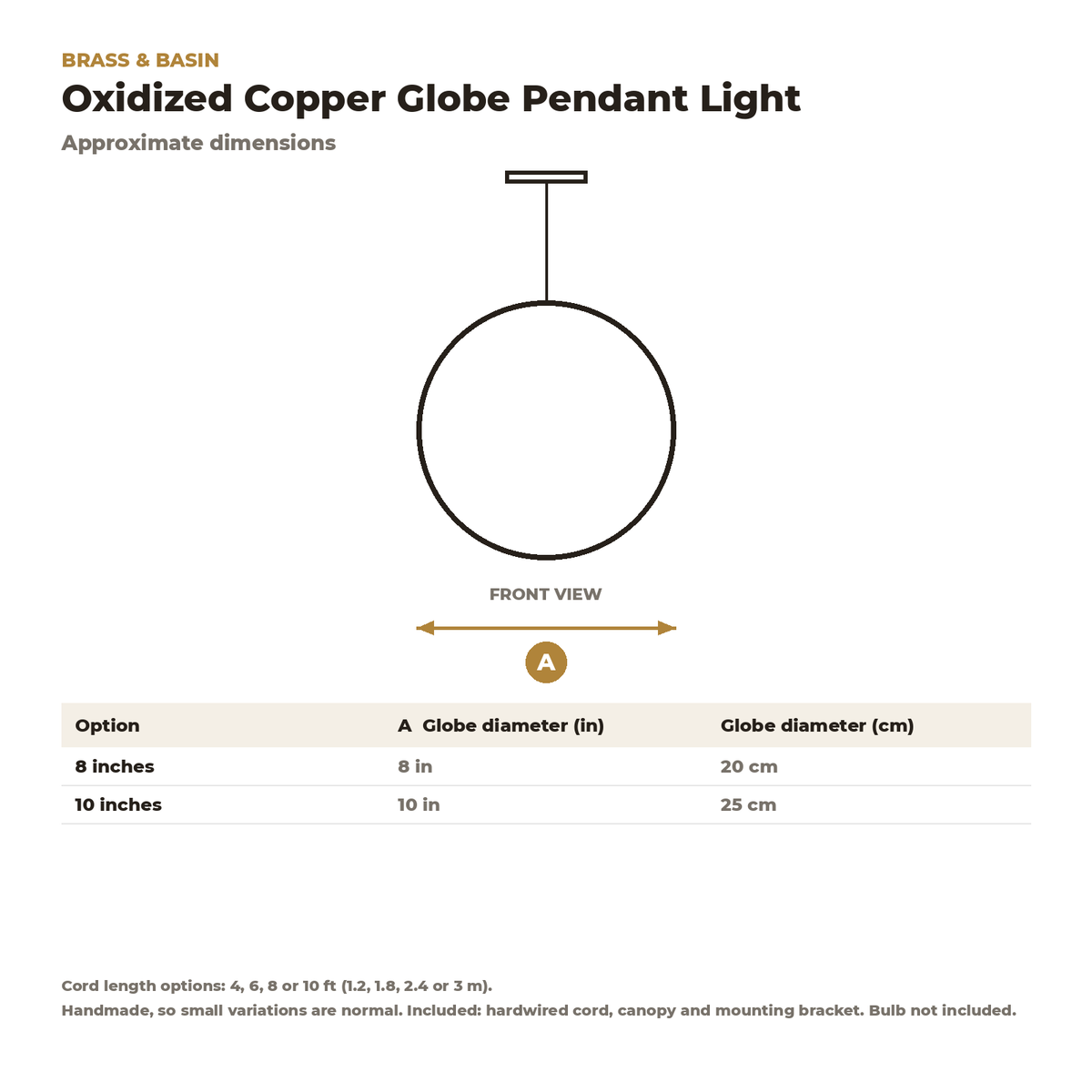 Dimension card for the oxidized copper globe pendant, 8 or 10 in