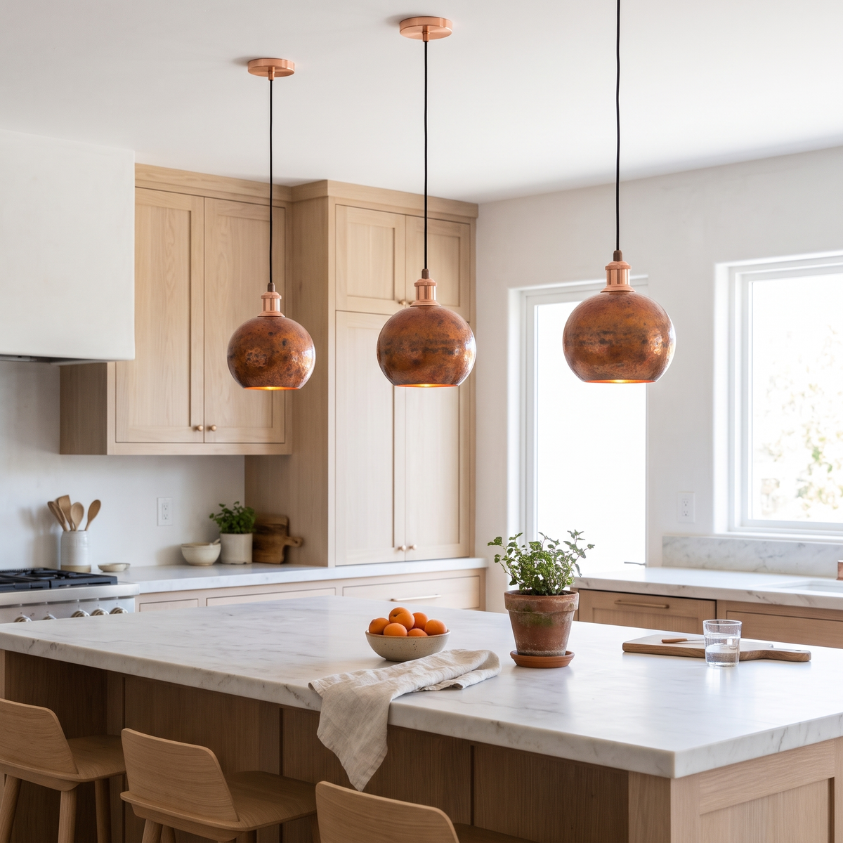 Three oxidized copper globe pendant lights in a row over a white marble kitchen island