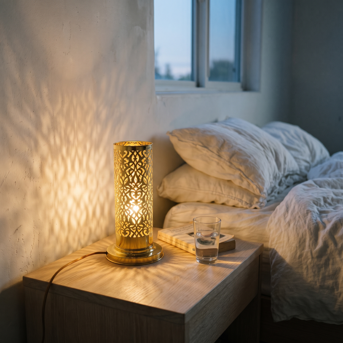 Lit pierced brass cylinder lamp casting patterned light on a white oak nightstand