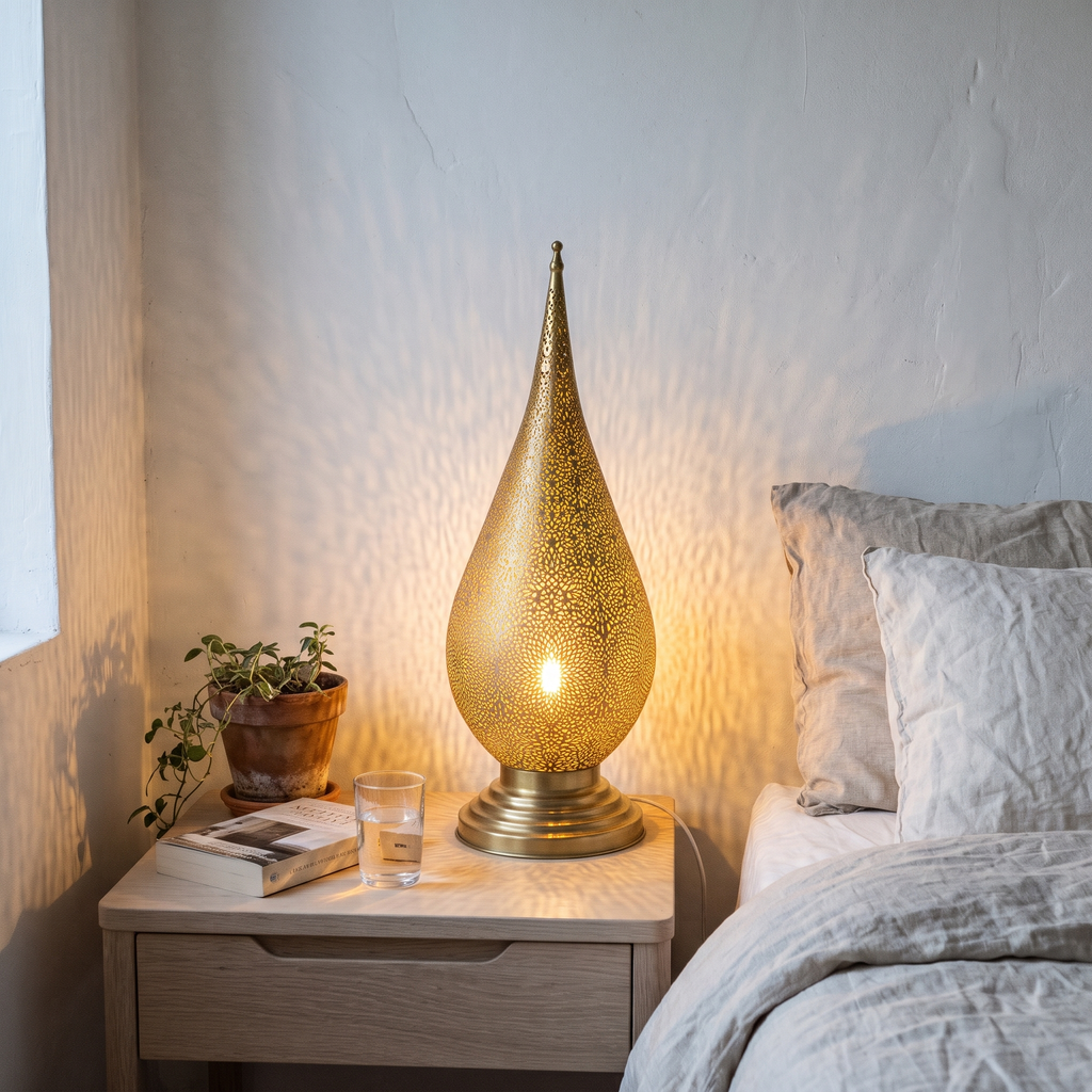Lit pierced brass teardrop lamp casting patterned light on a white oak nightstand beside a linen bed