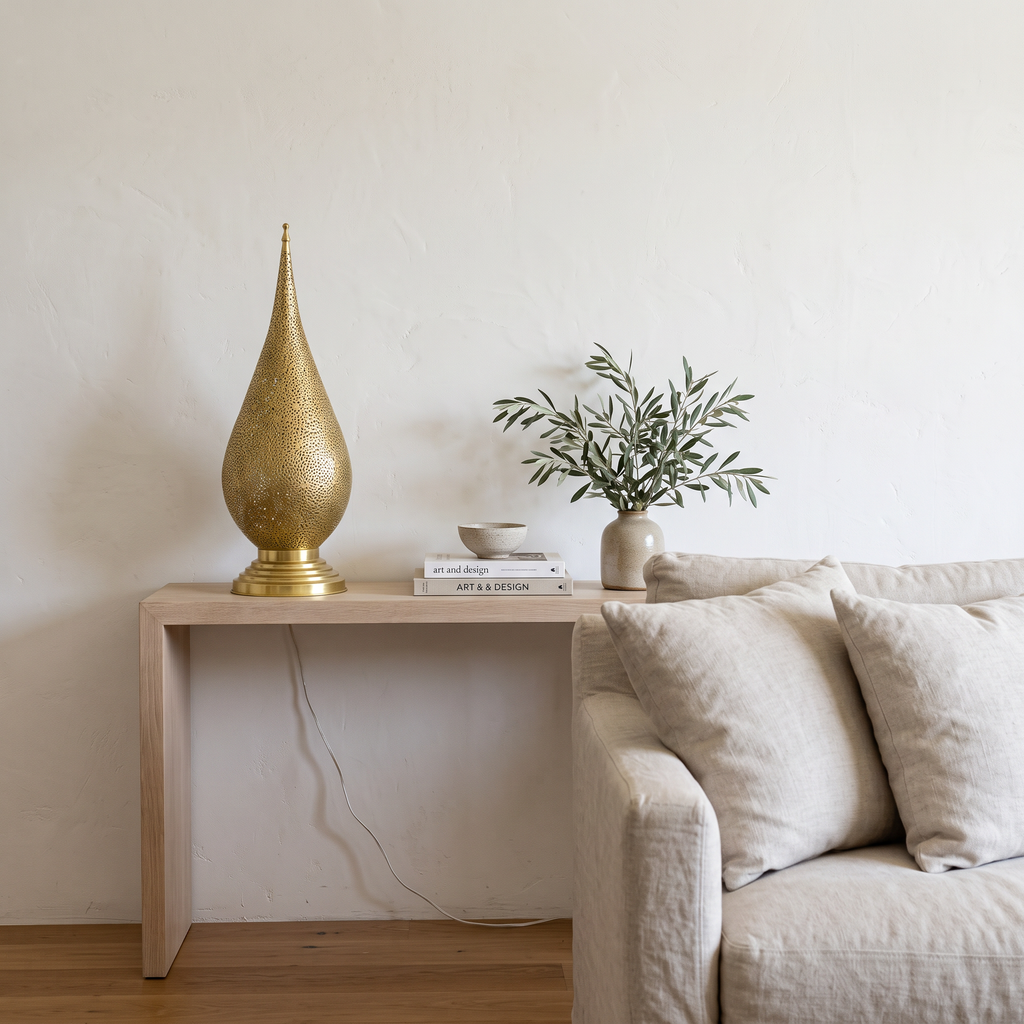Unlacquered brass teardrop table lamp on a white oak console in a bright living room