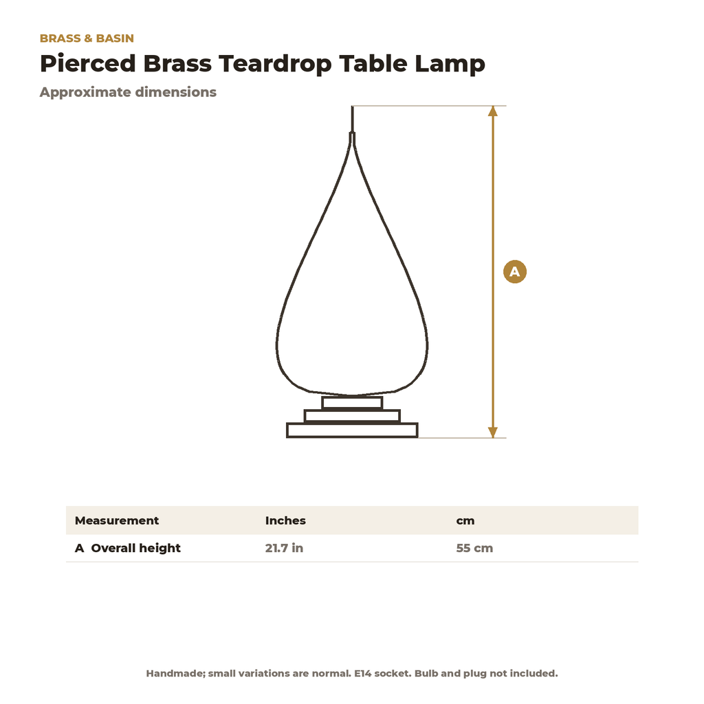Dimension card for the pierced brass teardrop table lamp, 21.7 in (55 cm) tall