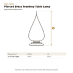 Dimension card for the pierced brass teardrop table lamp, 21.7 in (55 cm) tall