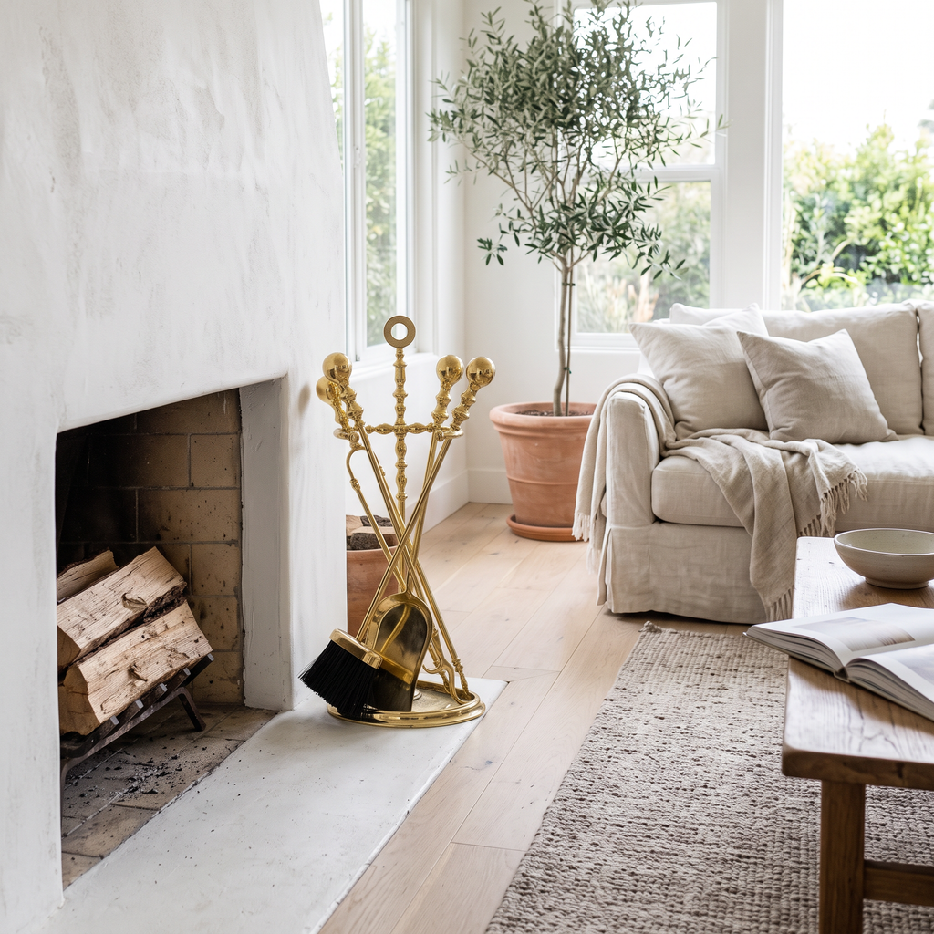 Polished brass fireplace tool set with ball handles and half-round stand beside a white plaster fireplace