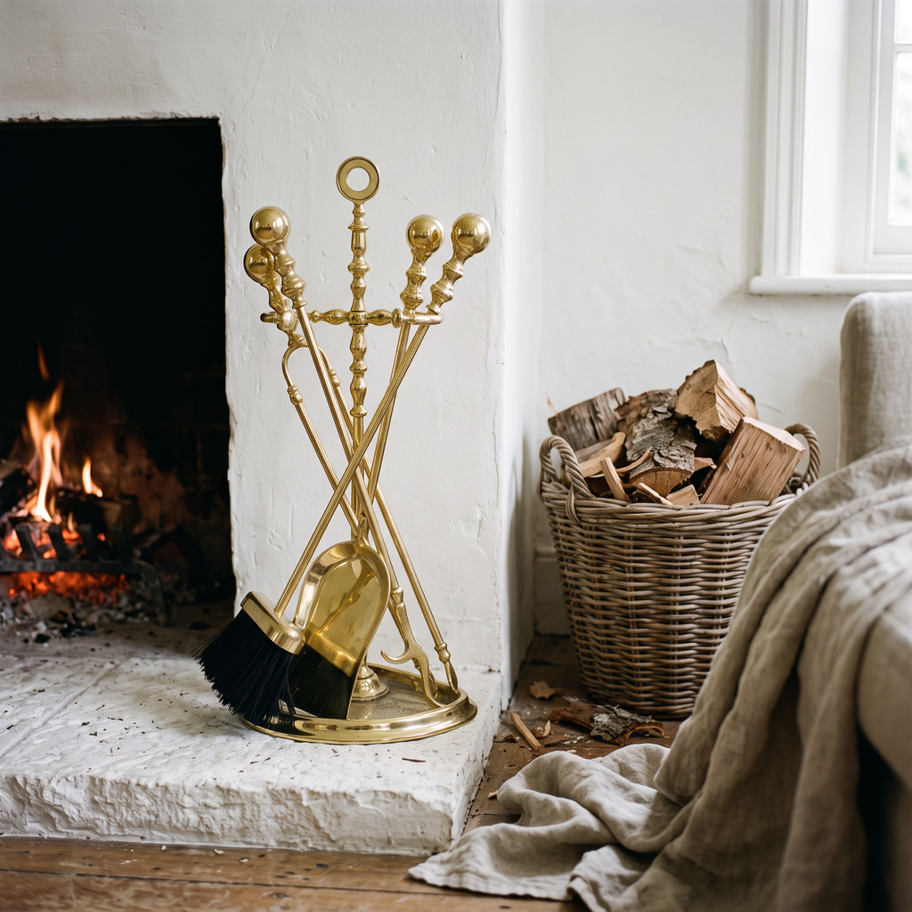 Polished brass fireplace tools on a limestone hearth beside a fire and a log basket