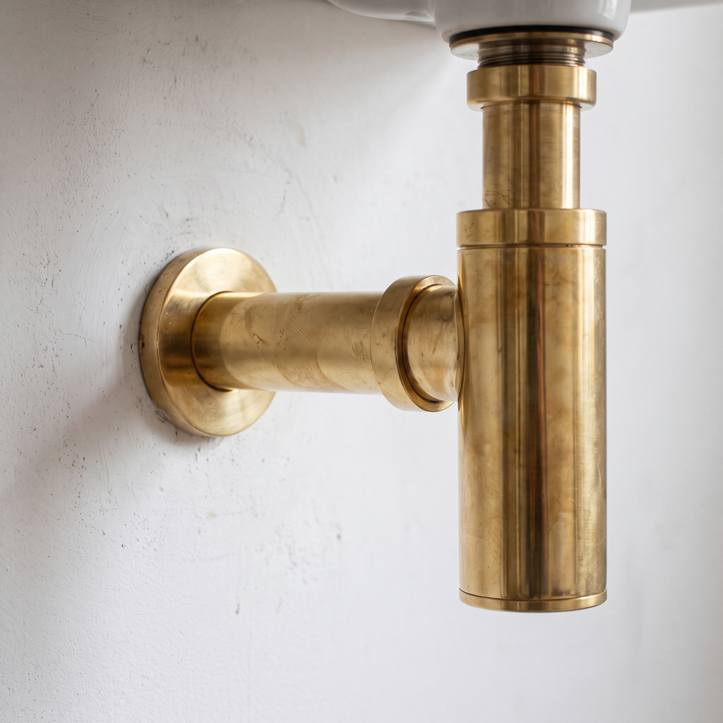 Close view of the round brass trap body and wall pipe joint