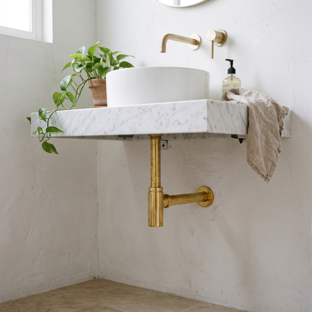 Round brass bottle trap under a floating marble vanity with a vessel basin