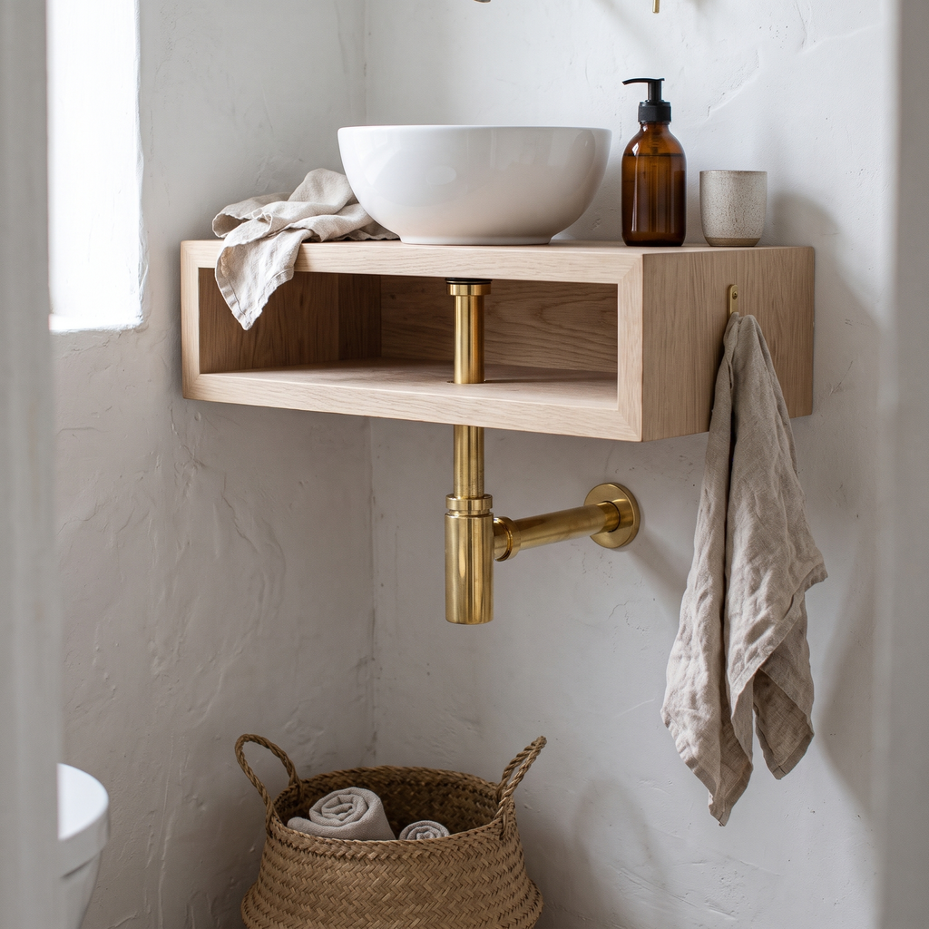 Round brass bottle trap under a white oak shelf vanity in a powder room