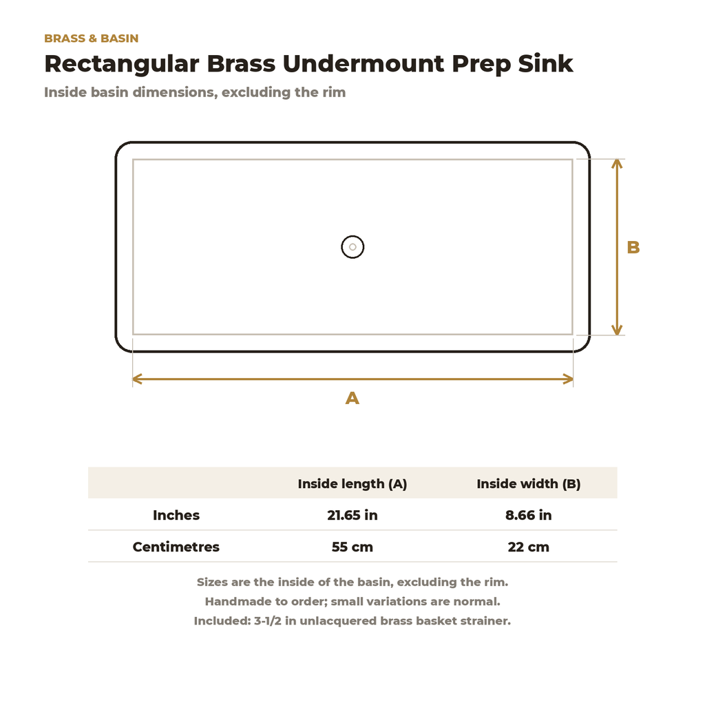 Rectangular brass undermount prep sink dimension drawing