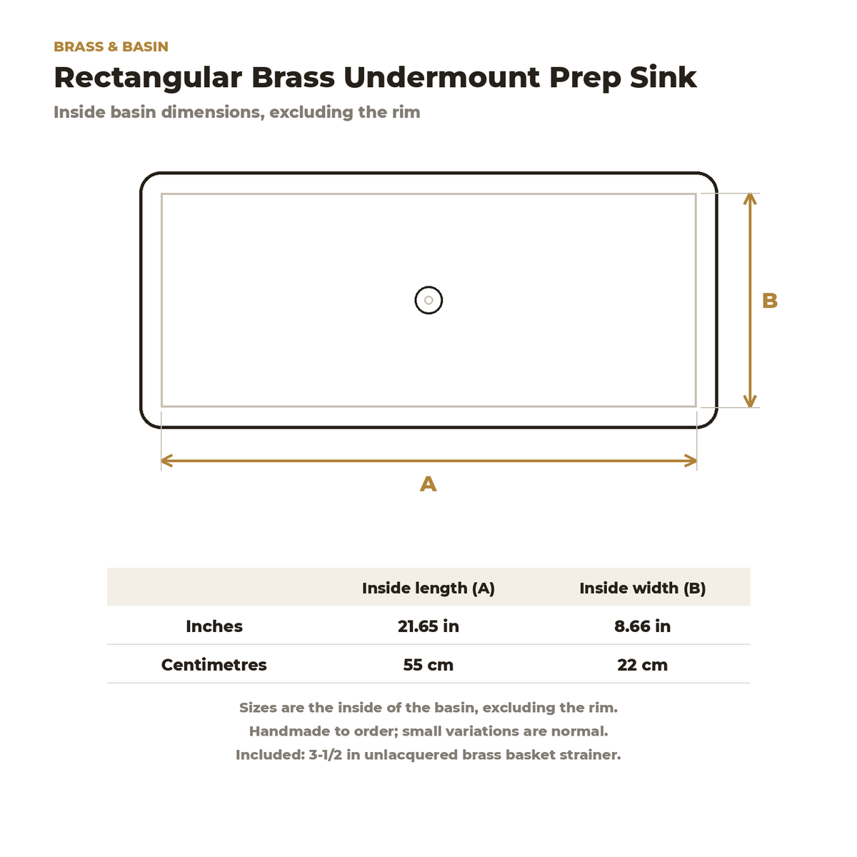 Rectangular brass undermount prep sink dimension drawing