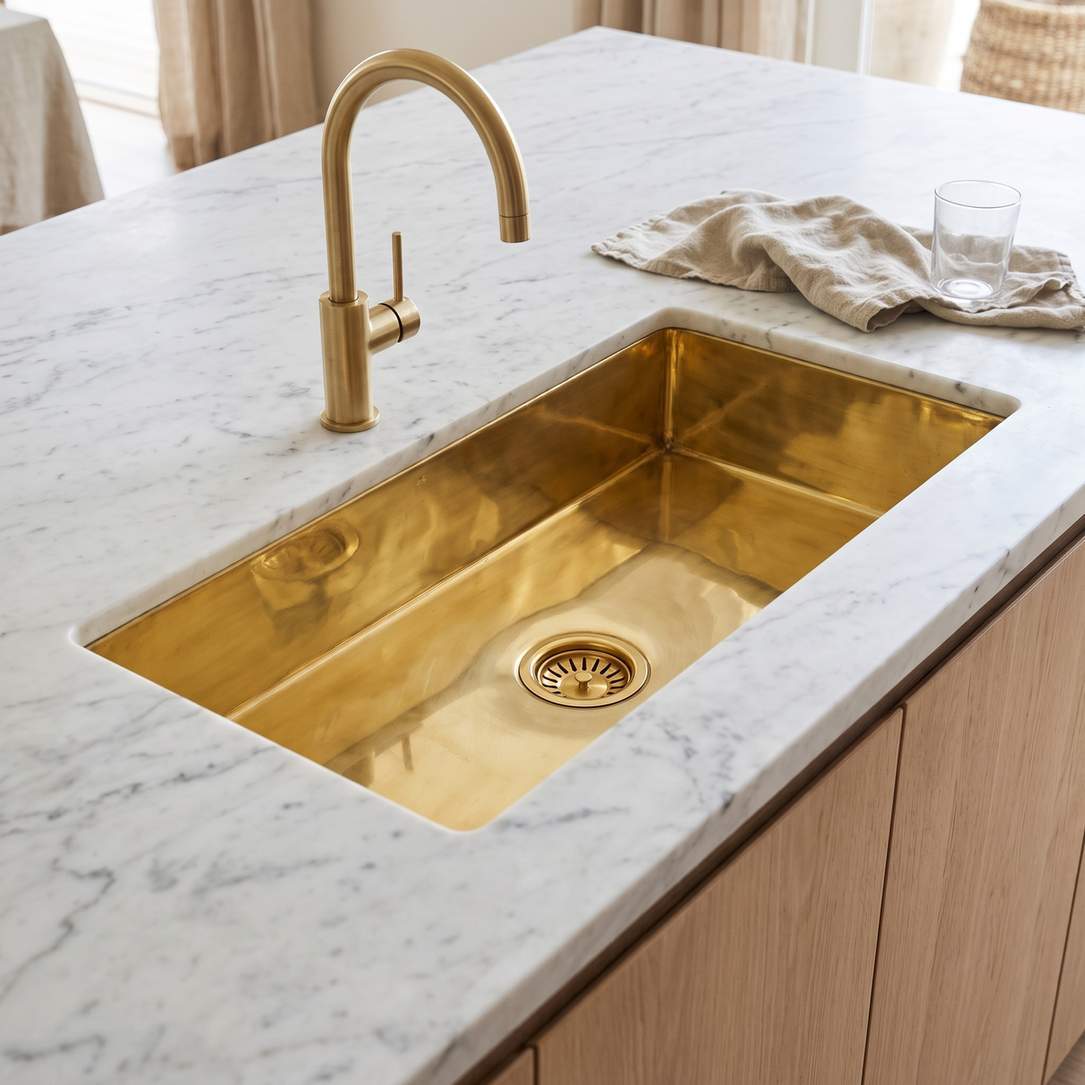 Narrow brass undermount prep sink with brass basket strainer in a marble kitchen island