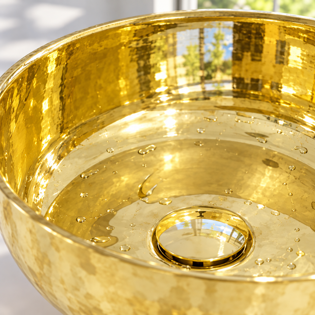 Round Brass Countertop Vessel Sink, close-up of the rolled rim and raised drain flange