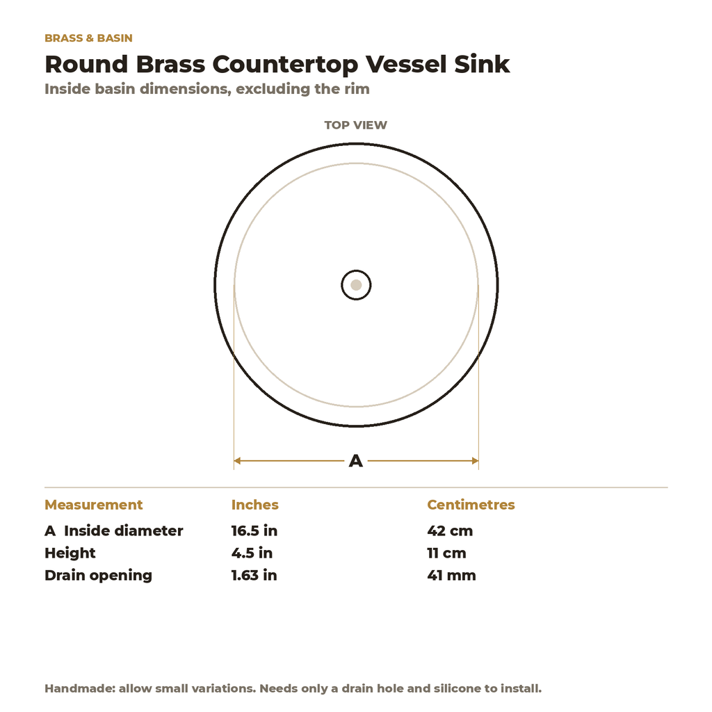 Round Brass Countertop Vessel Sink, 16.5 in, inside basin dimensions in inches and centimetres