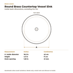 Round Brass Countertop Vessel Sink, 16.5 in, inside basin dimensions in inches and centimetres