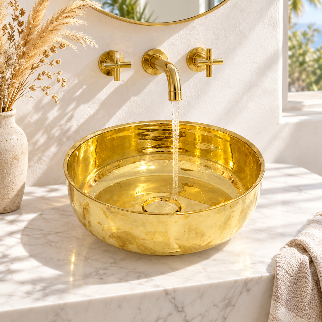 Round Brass Countertop Vessel Sink, 16.5 in, on a marble vanity in a bright California bathroom