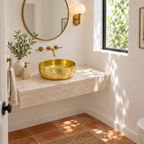 Round Brass Countertop Vessel Sink in a bright California powder room
