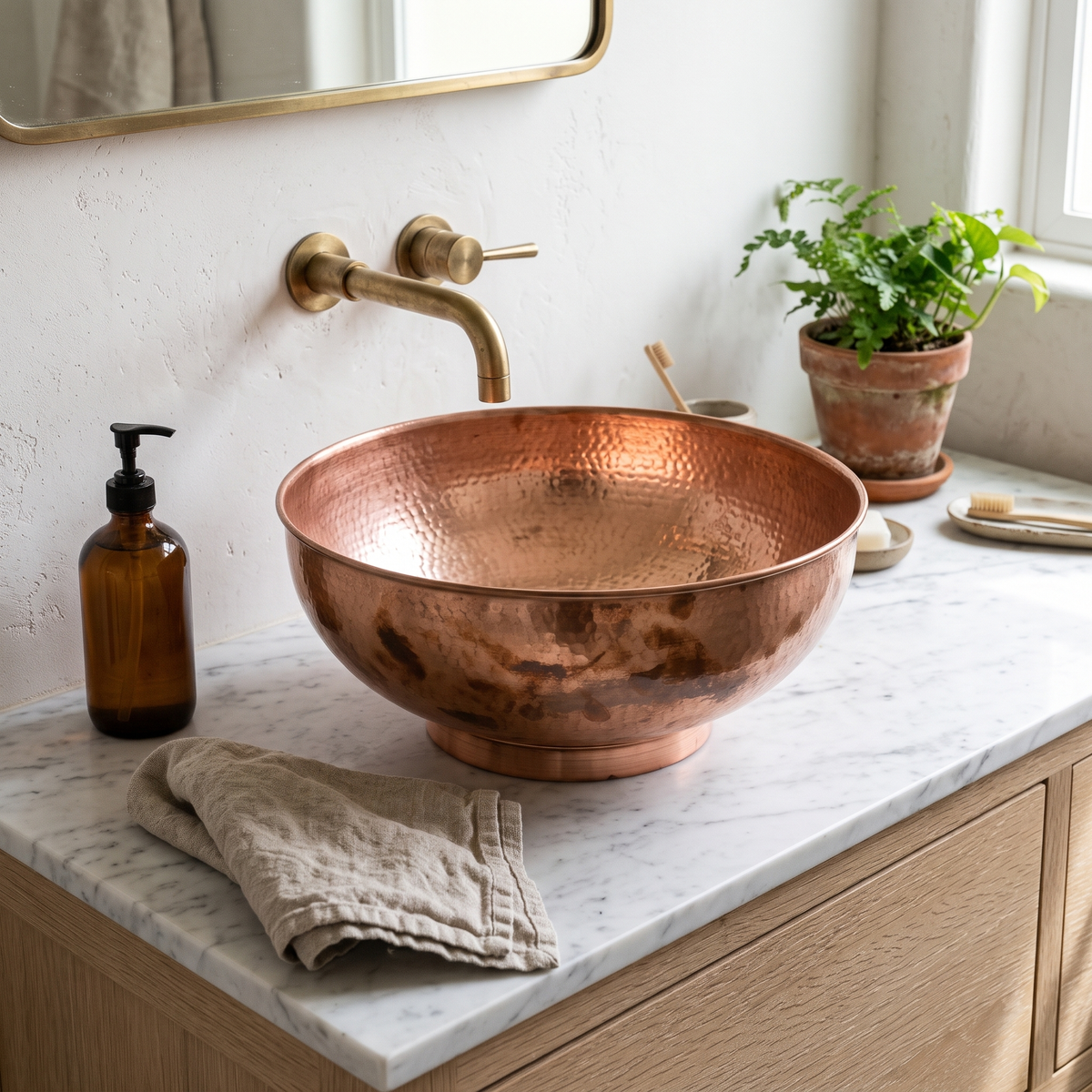Round copper bowl vessel sink with mottled patina on a white marble vanity with a wall-mounted brass spout