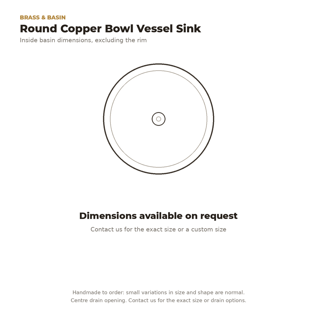 Round copper bowl vessel sink top view drawing, dimensions available on request