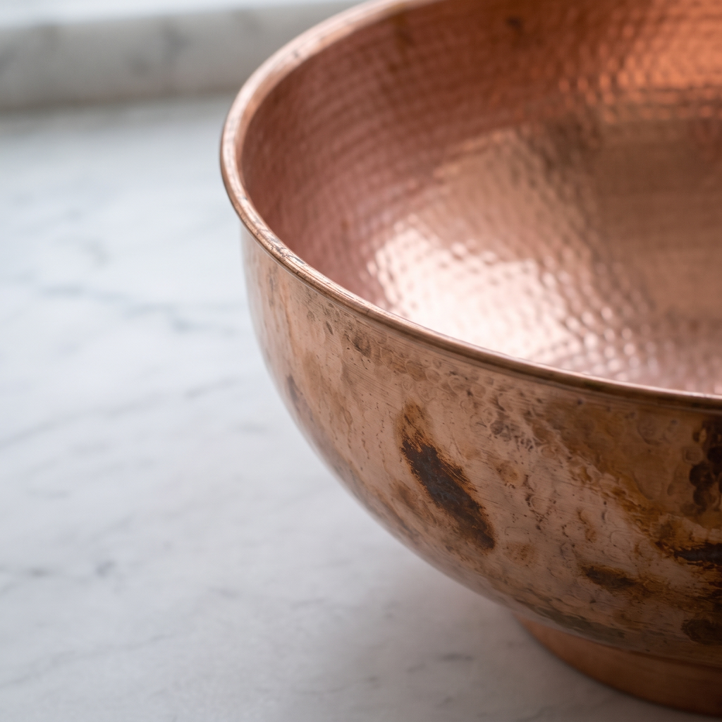 Close-up of the rolled rim, hammered copper interior and dark patina patches of a copper vessel sink